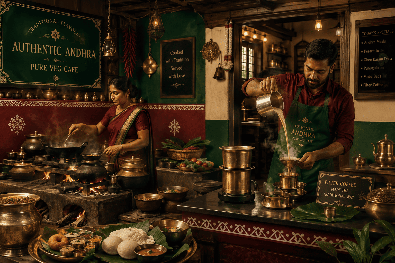 Authentic South Indian vegetarian meal freshly prepared and served, capturing the warmth and tradition of an Andhra kitchen