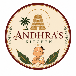 “Andhra Kitchen logo featuring a traditional Telugu Brahmin pandit welcoming guests with folded hands, framed by Andhra-inspired banana leaves, a temple, and palm tree.”